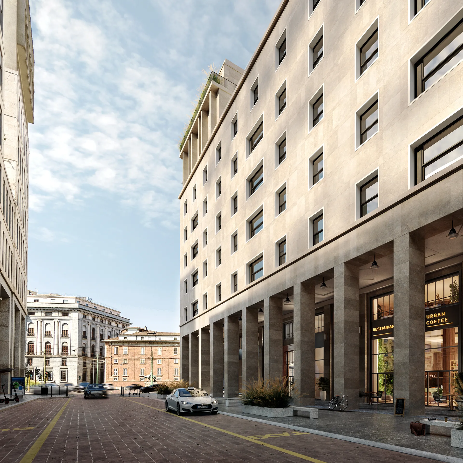Nuovo spazio pedonale di Piazza Missori con gli ingressi al ristorante e ai negozi